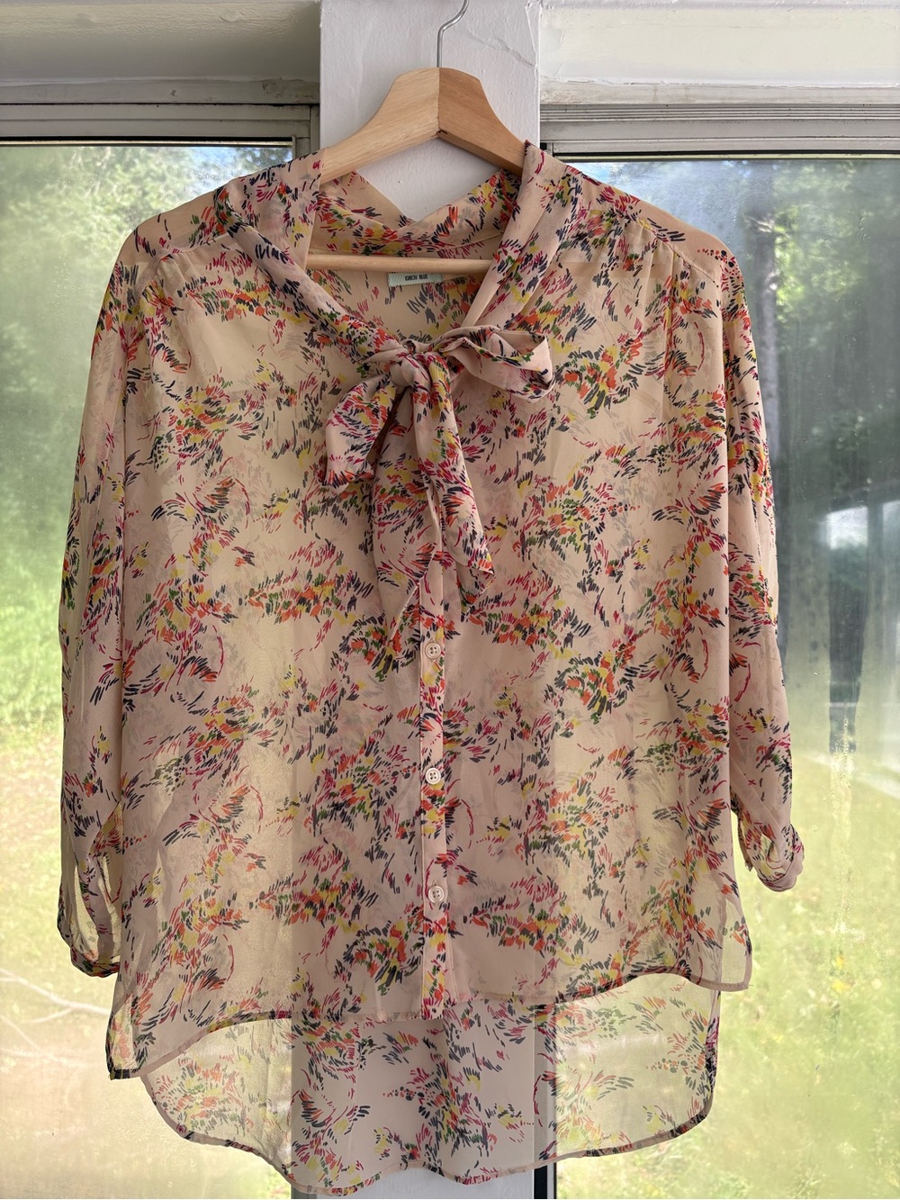 Kimchi Blue Cream and Mulitcolor Sheer Pattern Button Down Blouse